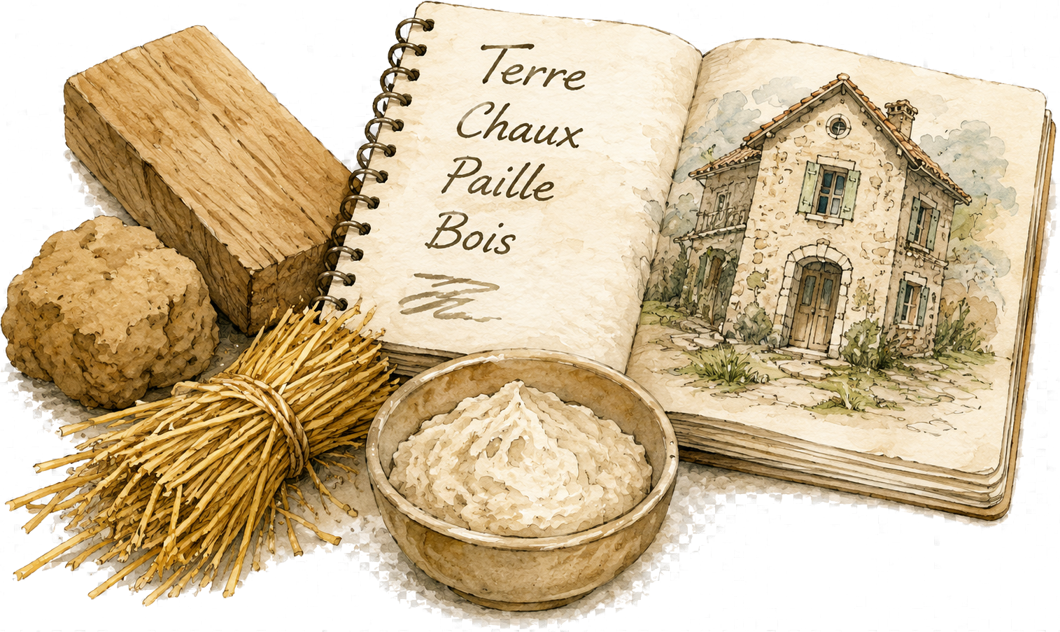 Carnet avec matériaux naturels : terre, chaux, paille et bois.